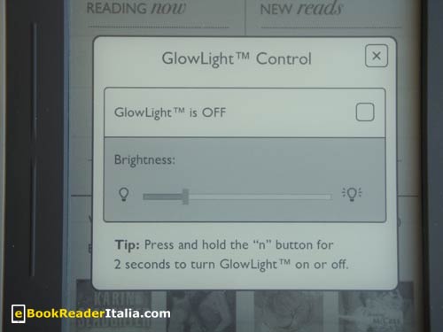 Il pannello di controllo della luminosità del Nook Touch GlowLight