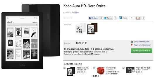 Kobo Aura HD è acquistabile subito nei colori nero onice, avorio e marrone espresso
