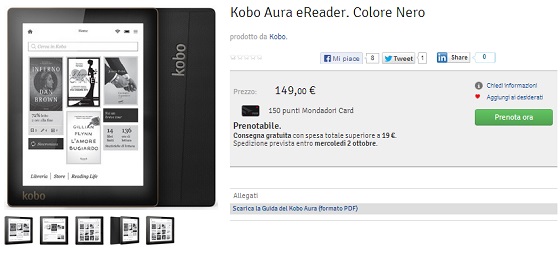 Kobo Aura da oggi è  acquistabile anche in Italia