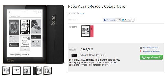 Kobo Aura è acquistabile online sul sito Mondadori
