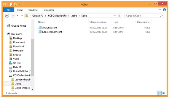 I due file con le impostazioni  utente del Kobo Aura HD.
