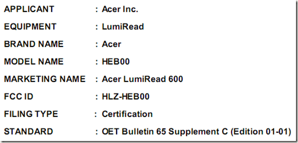 Dettagli della certificazione FCC dell'ebook reader Acer Lumiread