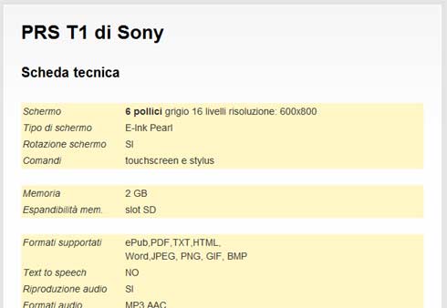 Scheda tecnica del Sony PRS-T1