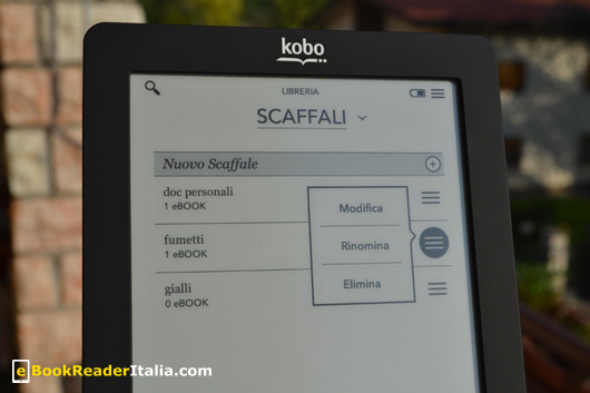 Kobo Touch: gestione degli scaffali